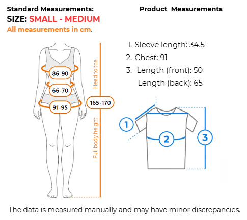 Measurement chart for a small or medium size garment, showing a body silhouette with labeled chest, waist, and full body height measurements, alongside a simplified front view of a T-shirt with sleeve, chest, and length measurements listed in centimeters.
