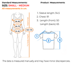 Measurement chart for a small or medium size garment, showing a body silhouette with labeled chest, waist, and full body height measurements, alongside a simplified front view of a T-shirt with sleeve, chest, and length measurements listed in centimeters.