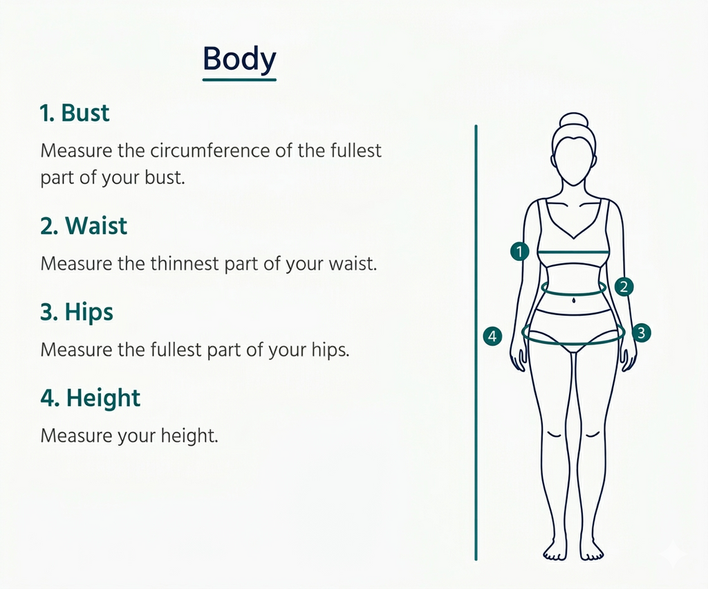 Instructions for measuring bust, waist, hips, and height with a diagram of a person.