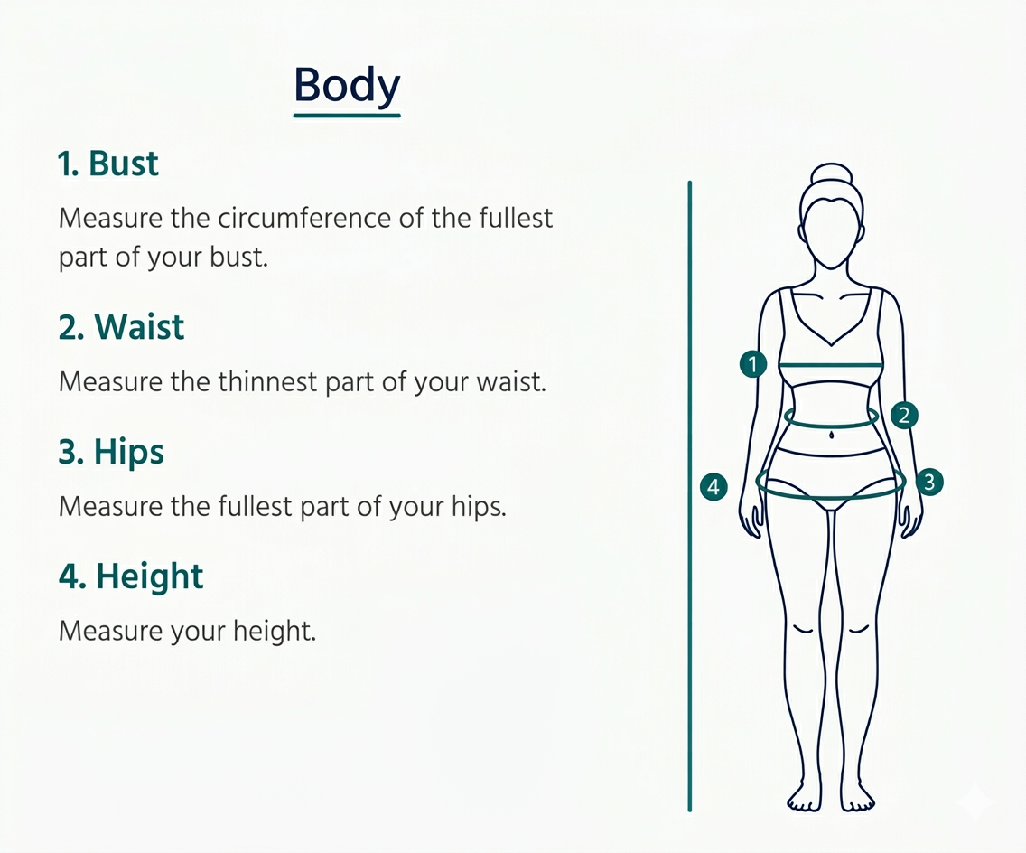 Instructions for measuring bust, waist, hips, and height with a diagram of a person.
