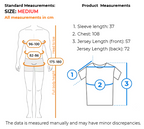 Measurement guide for a medium-sized crewneck t-shirt, showing standard body measurements in centimeters on a body outline, product measurements listed in text, and a labeled front/back t-shirt diagram with measurement callouts.