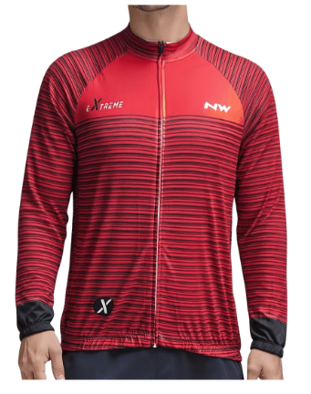 A red and black striped long-sleeve cycling jersey with a full-zip front, featuring 'eXTREME' and 'NW' logos on the chest, shown on a model against a white background.