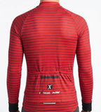 A man wearing a red and black striped long-sleeve cycling jersey, viewed from the back. The jersey features horizontal stripes, a high mock neck, and a rear cycling pocket with the brand logo 'Xtreme NW'.