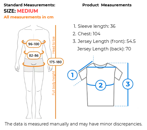 Measurement guide for a medium-sized crewneck t-shirt, showing a body measurement diagram on the left with chest, waist, and full body height ranges in centimeters, and a t-shirt outline diagram on the right with labeled sleeve length, chest, and jersey length measurements.