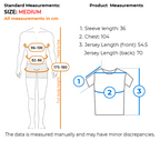 Measurement guide for a medium-sized crewneck t-shirt, showing a body measurement diagram on the left with chest, waist, and full body height ranges in centimeters, and a t-shirt outline diagram on the right with labeled sleeve length, chest, and jersey length measurements.