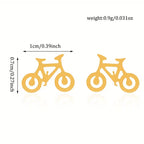 Two small bicycle-shaped product silhouettes on a white background with measurement arrows and text showing dimensions: 1cm/0.39inch wide and 0.