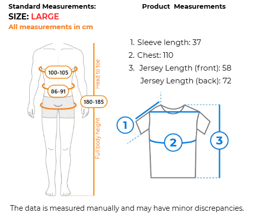 Product measurement chart showing body measurements for a large size garment, including full body height, chest, and jersey length, alongside a labeled front-and-back t-shirt measurement diagram.