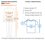 Measurement chart for a small size t-shirt, showing standard body measurements in centimeters on a body outline and product measurements including sleeve length, chest, and jersey length with numbered callouts.