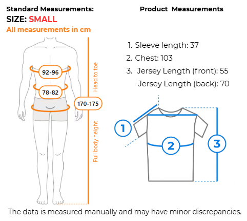 Measurement chart for a small size t-shirt, showing standard body measurements in centimeters on a body outline and product measurements including sleeve length, chest, and jersey length with numbered callouts.