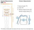 Measurement chart for a size XXL long-sleeve jersey top, showing a body outline with chest, waist, and full body height measurements in centimeters, alongside a garment measurement diagram with labeled sleeve, chest, and jersey length values.