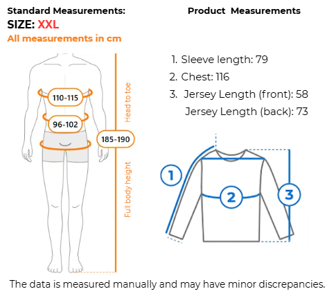 Measurement chart for a size XXL long-sleeve jersey top, showing a body outline with chest, waist, and full body height measurements in centimeters, alongside a garment measurement diagram with labeled sleeve, chest, and jersey length values.