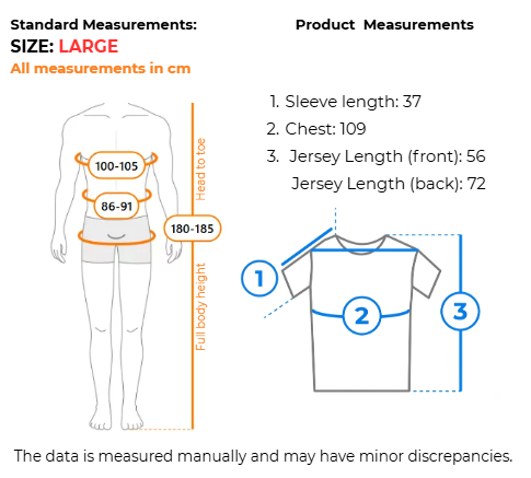 Measurement guide for a large size garment, showing a human body outline with chest and waist measurements in centimeters, alongside a T-shirt measurement diagram with labeled sleeve length, chest, and jersey length.