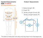 Measurement guide for an X-Large size men's jersey, showing a body silhouette with chest, waist, and full body height measurements in centimeters, alongside a T-shirt outline with labeled sleeve length, chest, and jersey length measurements.