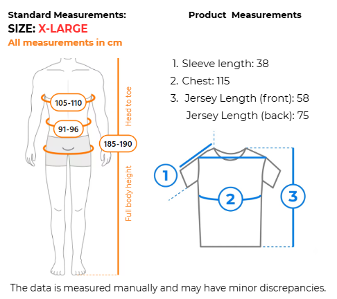 Measurement guide for an X-Large size men's jersey, showing a body silhouette with chest, waist, and full body height measurements in centimeters, alongside a T-shirt outline with labeled sleeve length, chest, and jersey length measurements.