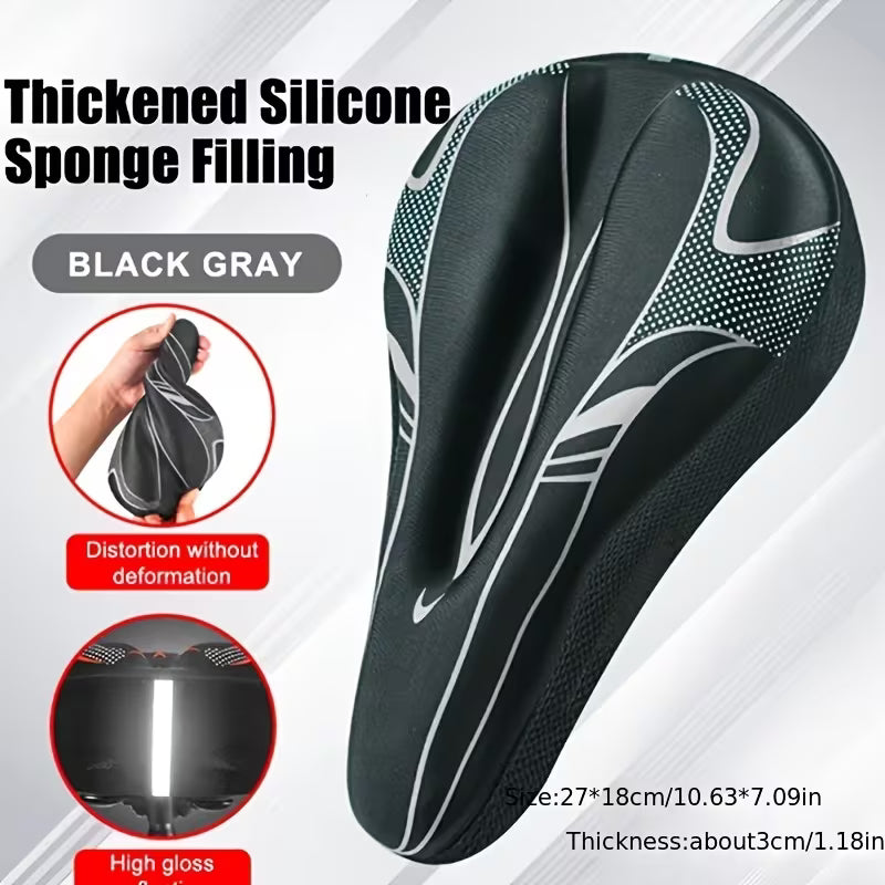 Black and gray bicycle seat with thickened silicone sponge filling on a white background