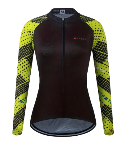 Black and yellow cycling jersey with geometric patterns on a white background