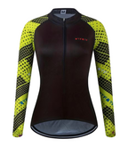 Black and yellow cycling jersey with geometric patterns on a white background